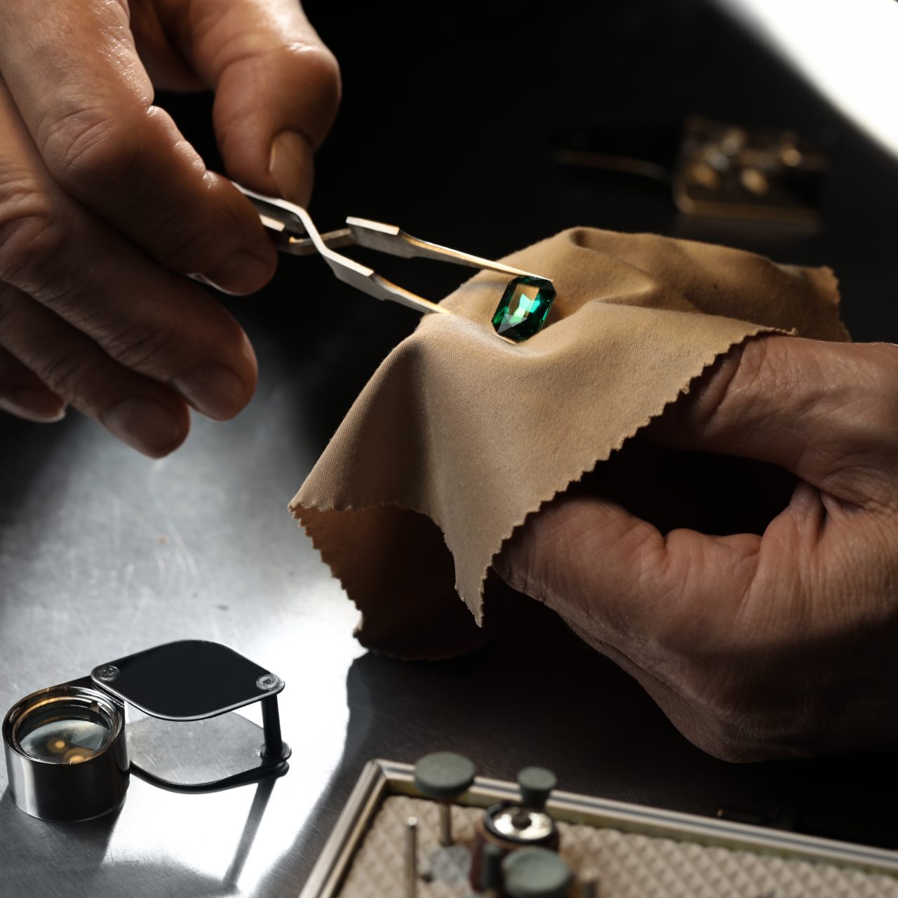 Professional jeweler working with gemstone at table, closeup